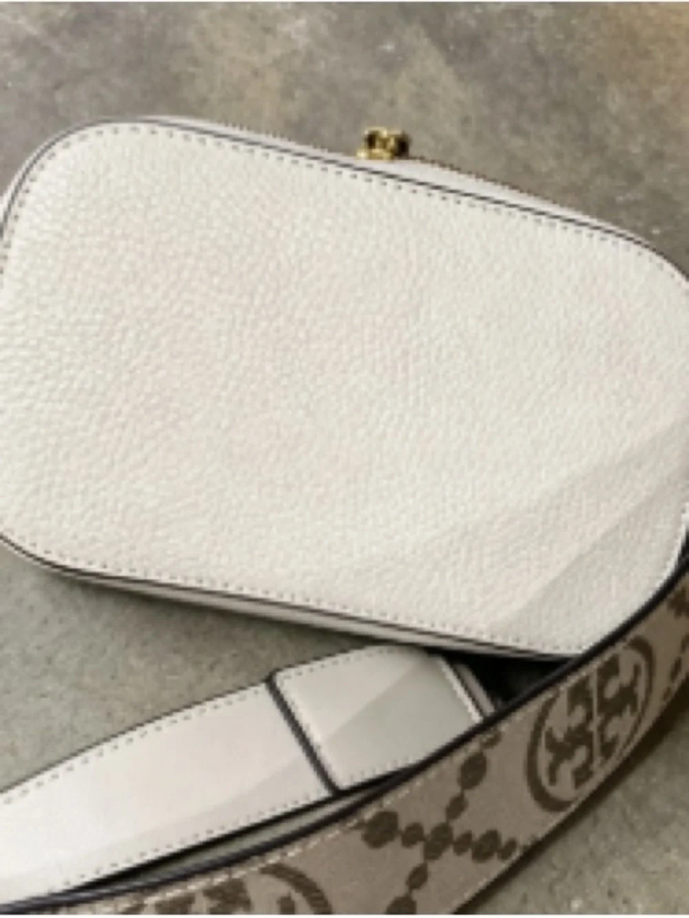 Tory Burch White Pebbled Leather Camera Bag with Logo Strap